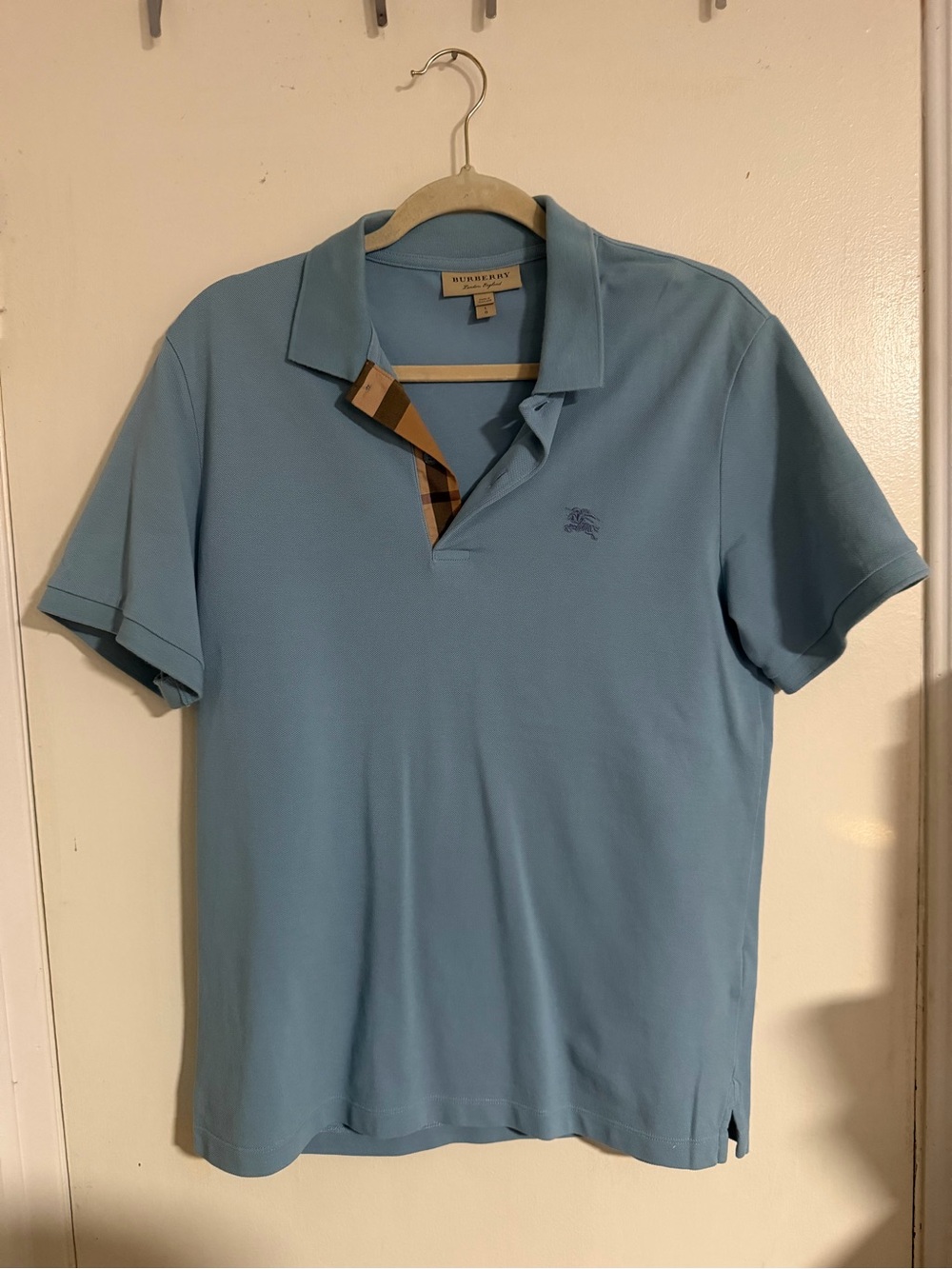 Burberry London England Men Light Blue Nova Check Placket Polo Shirt - Size L